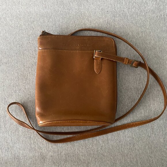 Derek Alexander Two Sided Zip Cross Body Bag Tan Premium Genuine Leather - Picture 2 of 16